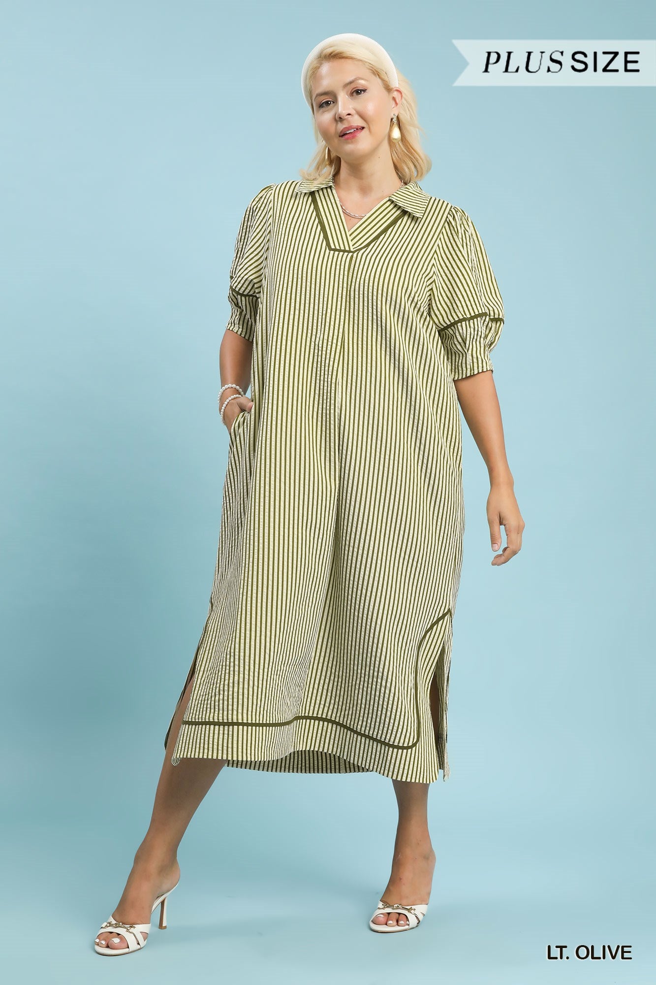Umgee Striped Midi Dress With Puff Sleeves In Light Olive PLUS Sizes *COMING SOON*