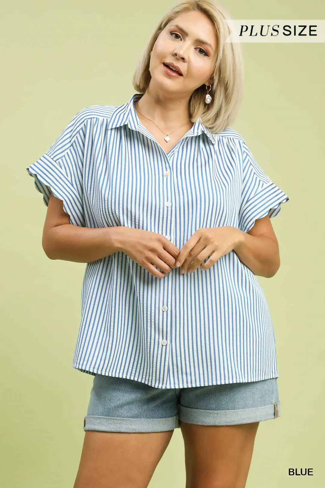 UMGEE Striped Button Down With Scalloped Sleeves In Blue PLUS Sizes