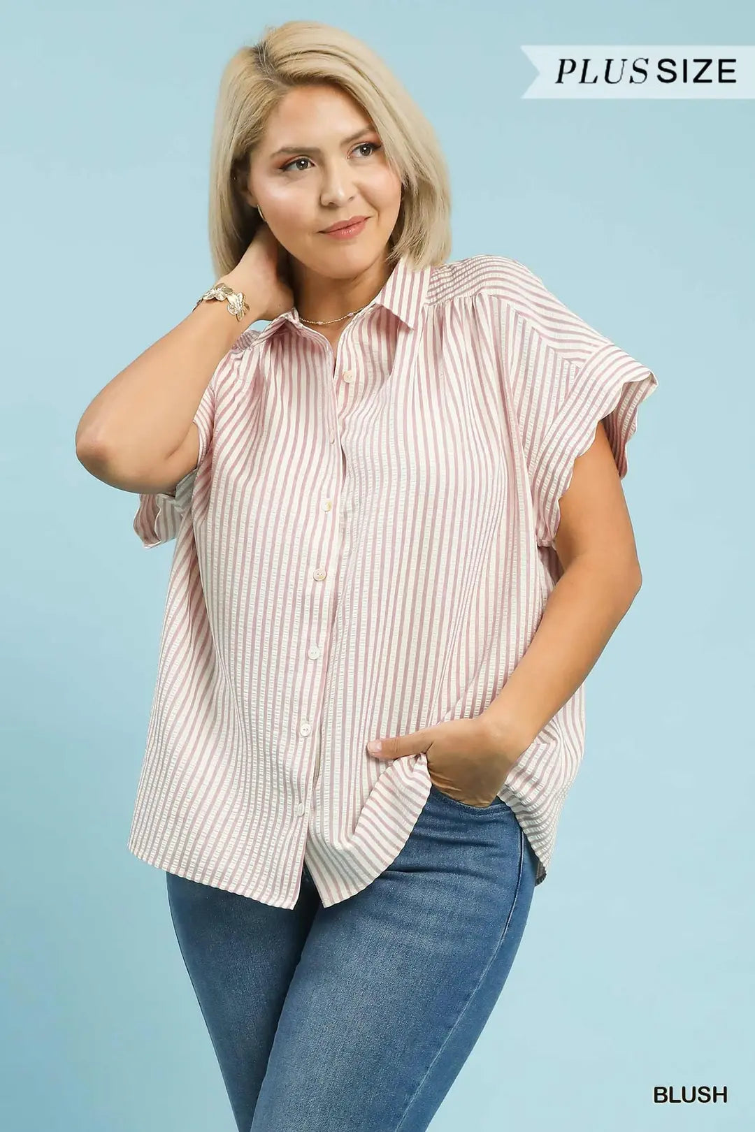 UMGEE Striped Button Down With Scalloped Sleeves In Blush PLUS Sizes