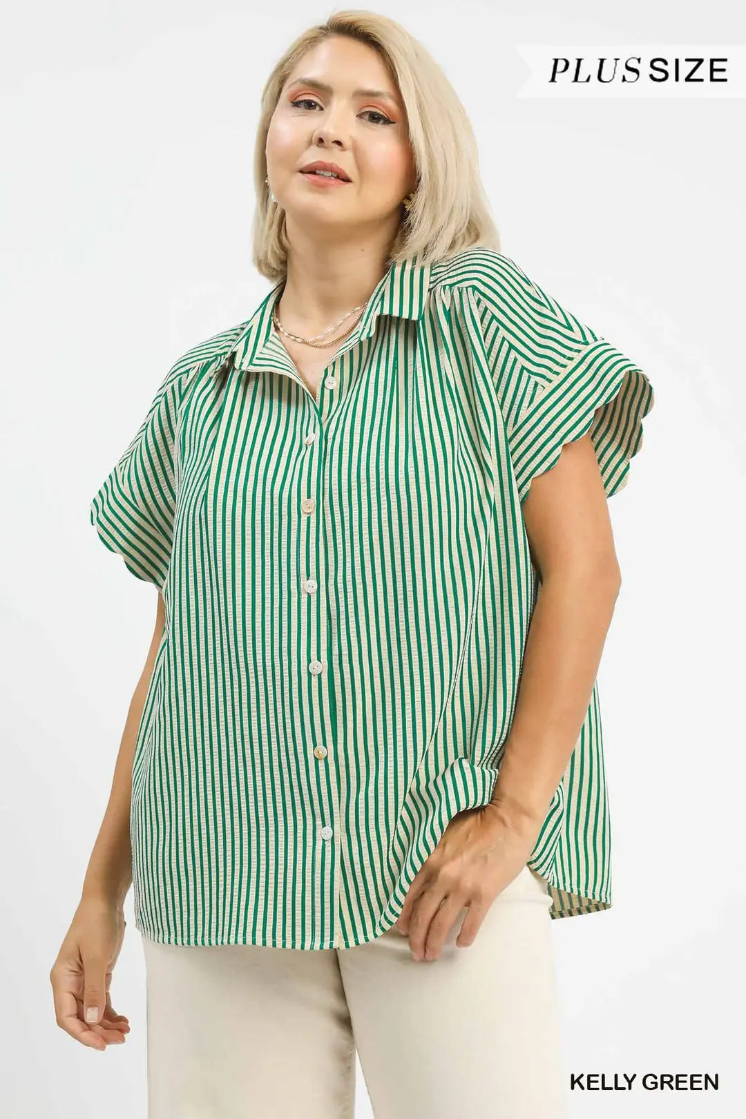 UMGEE Striped Button Down With Scalloped Sleeves In Kelly Green PLUS Sizes