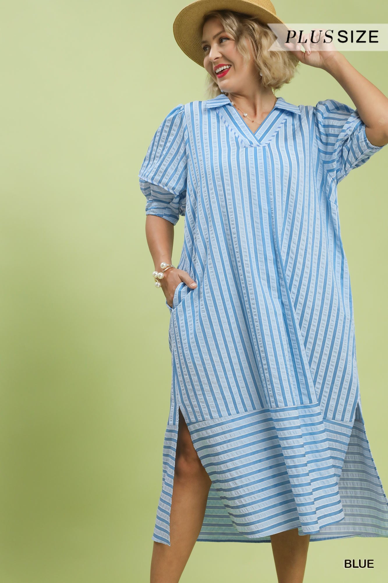UMGEE Striped Puff Sleeve Midi Dress In PLUS Sizes