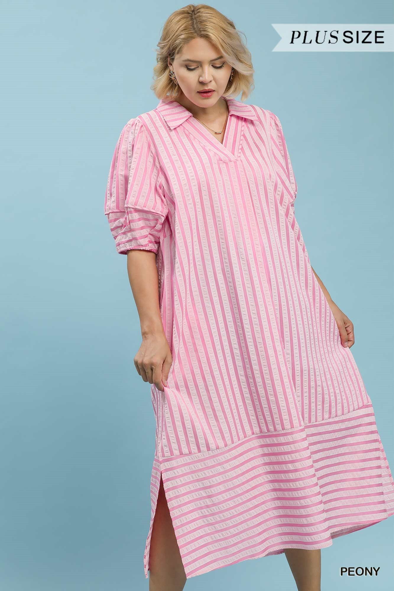 UMGEE Striped Puff Sleeve Midi Dress In Peony PLUS Sizes