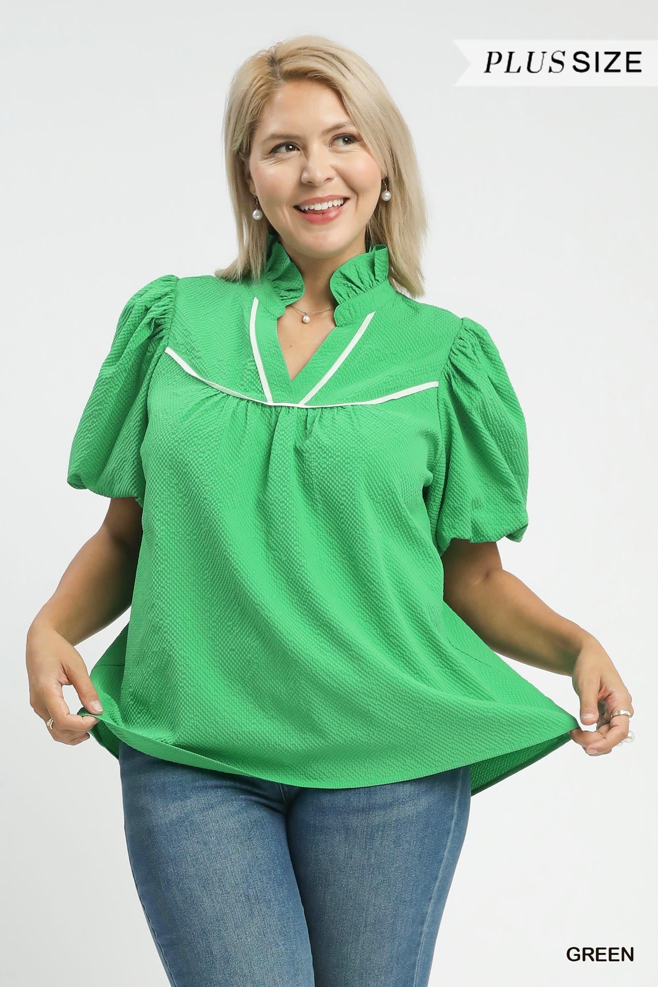 Umgee Textured Puff Sleeve Top With Contrast Binding In Green PLUS Sizes