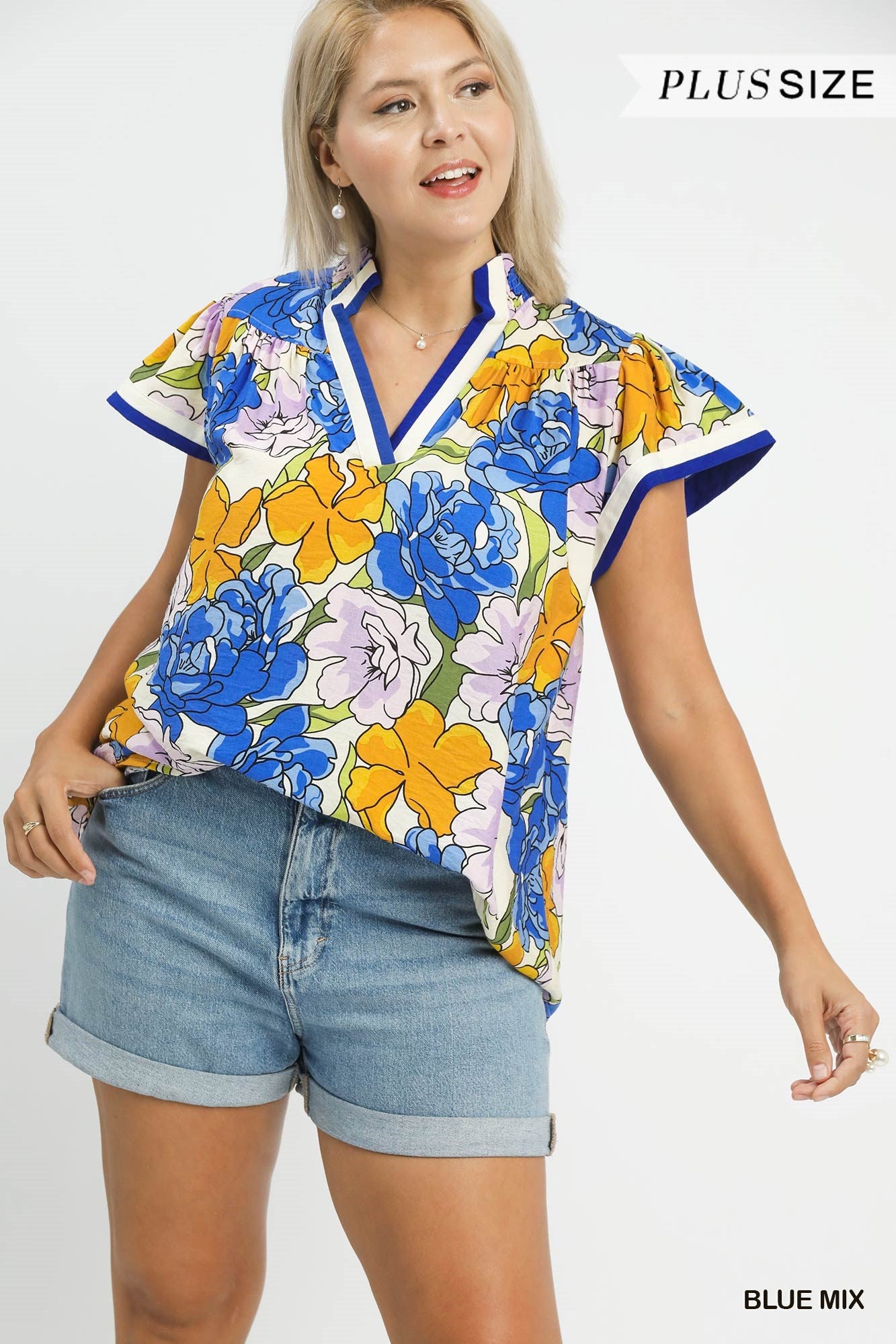 Umgee Bold Floral Top With Contrast Trim In Blue Mix PLUS Sizes