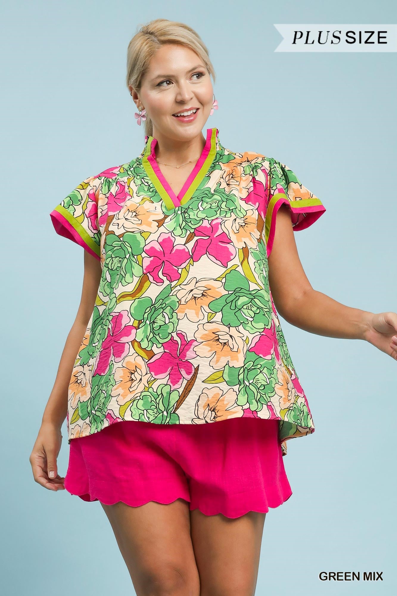 Umgee Bold Floral Top With Contrast Trim In Green Mix PLUS Sizes