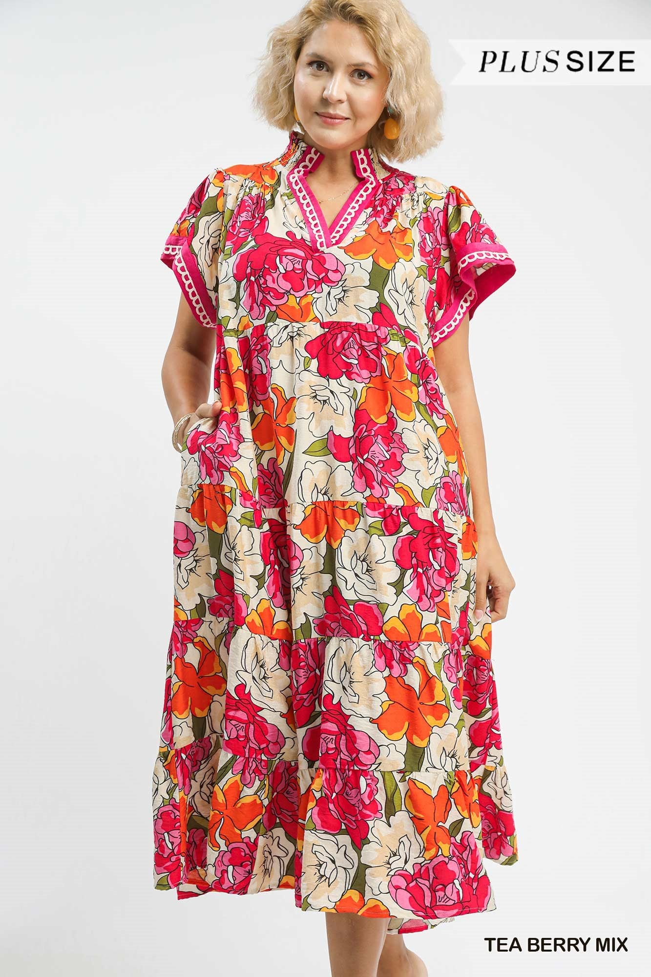 Umgee Mix Bold Floral Tiered Midi Dress In Tea Berry Mix PLUS Sizes *COMING SOON*