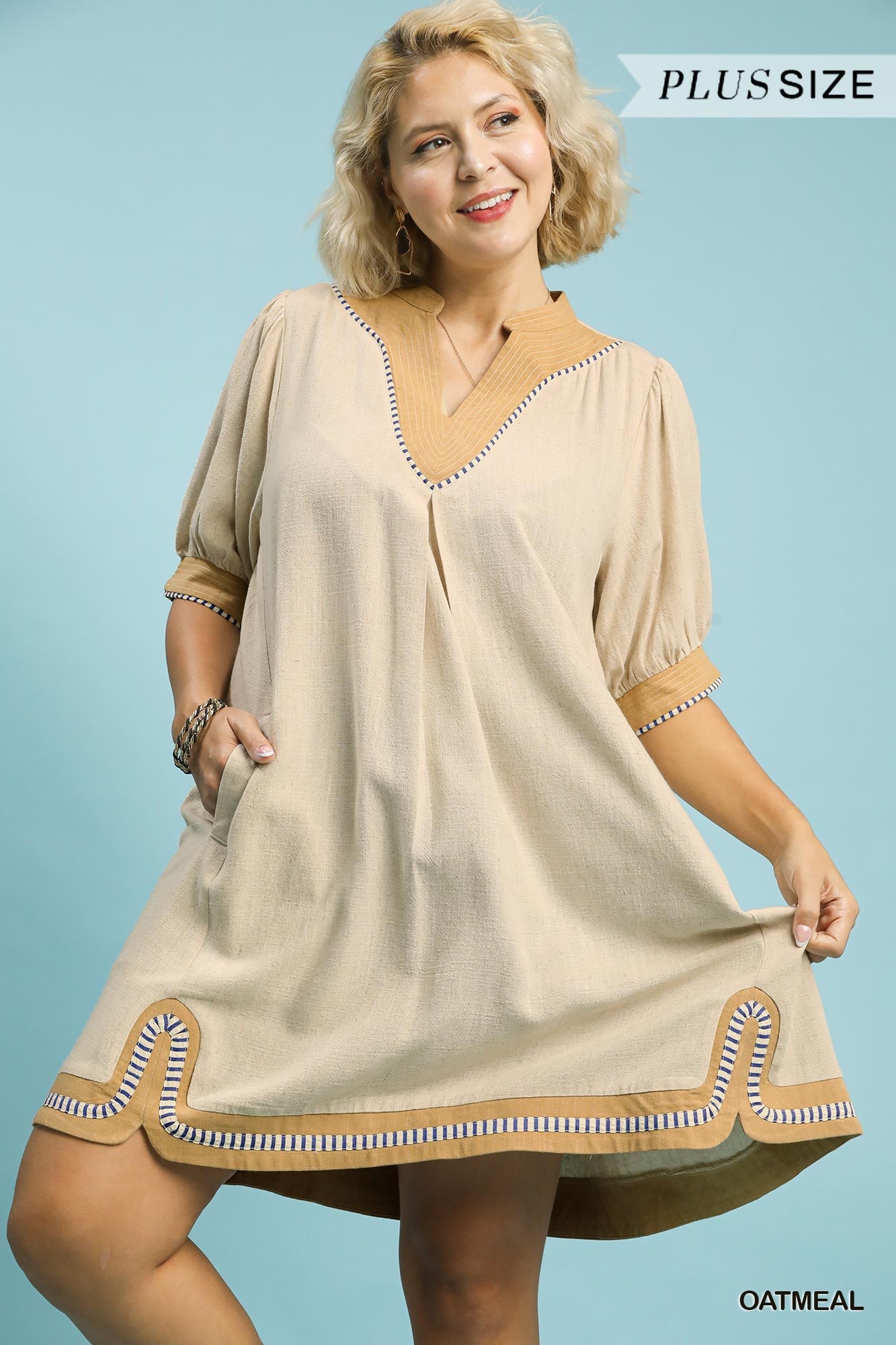 Umgee Linen Contrast Trim Mini Dress In Oatmeal PLUS Sizes *COMING SOON*