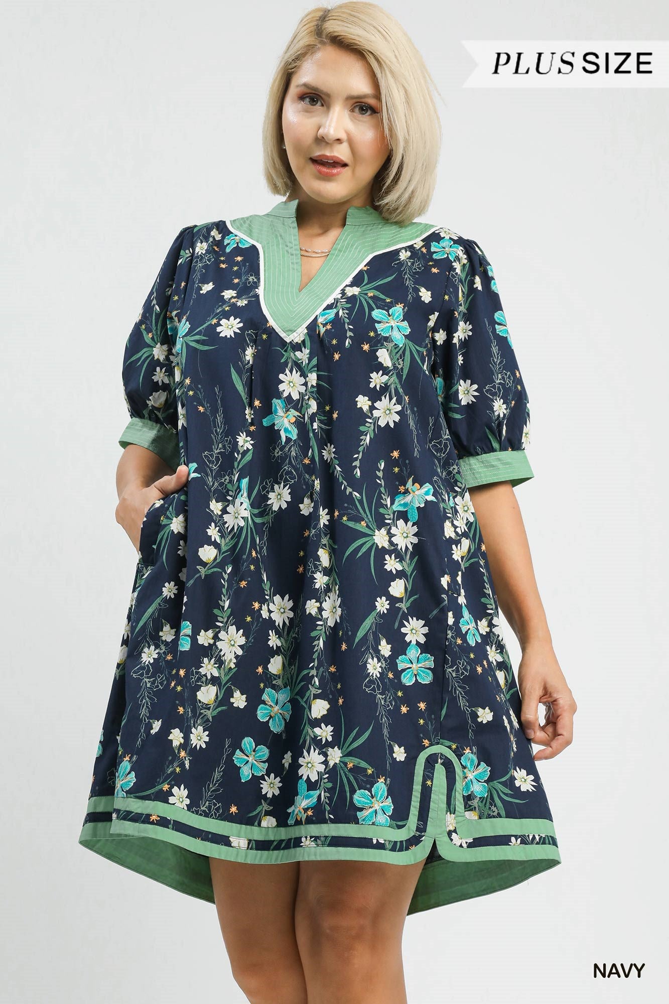 Umgee Floral Puff Sleeve Dress With Contrast Trim In Navy PLUS Sizes