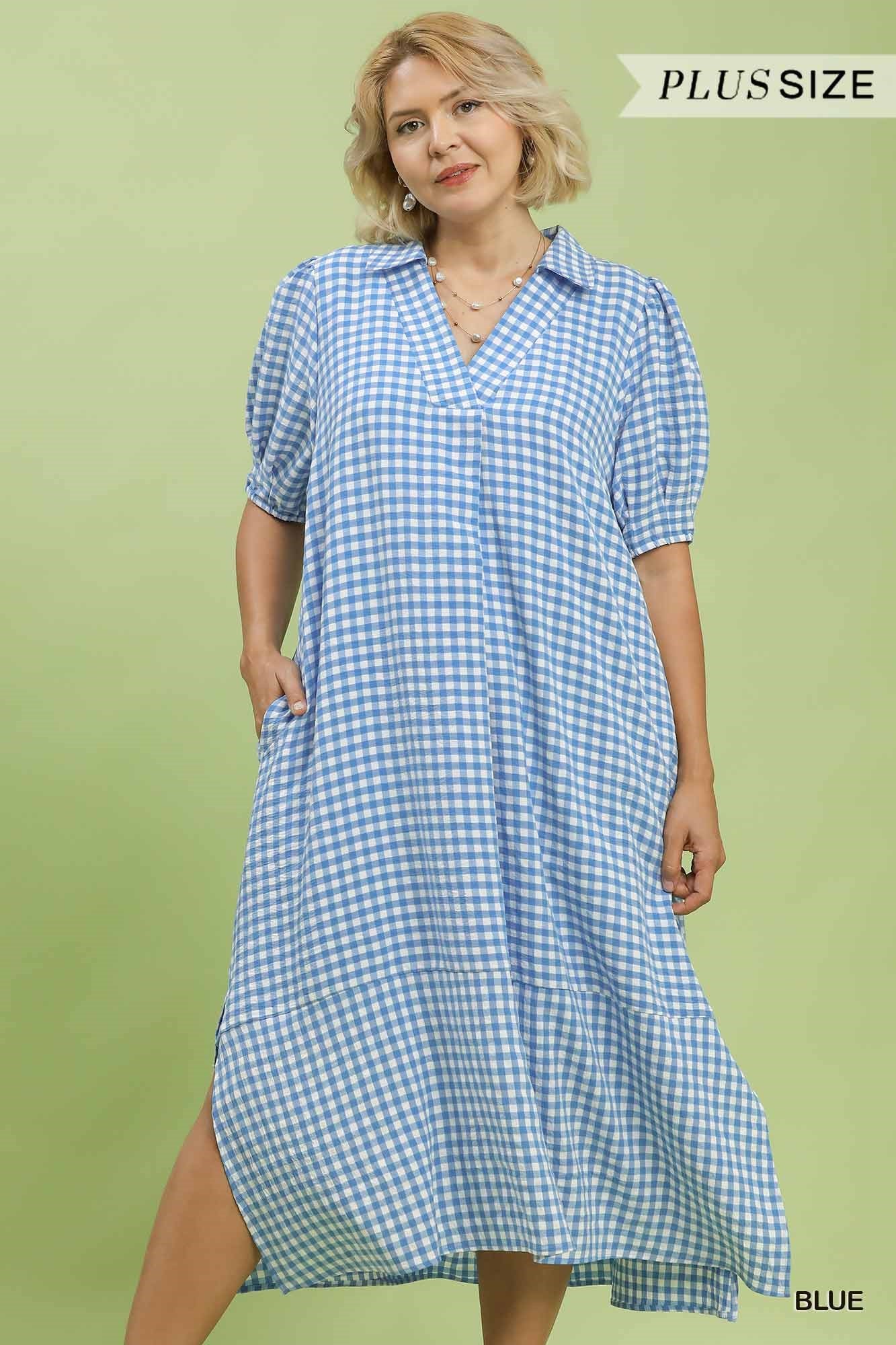 UMGEE Gingham Midi Dress In Blue PLUS Sizes