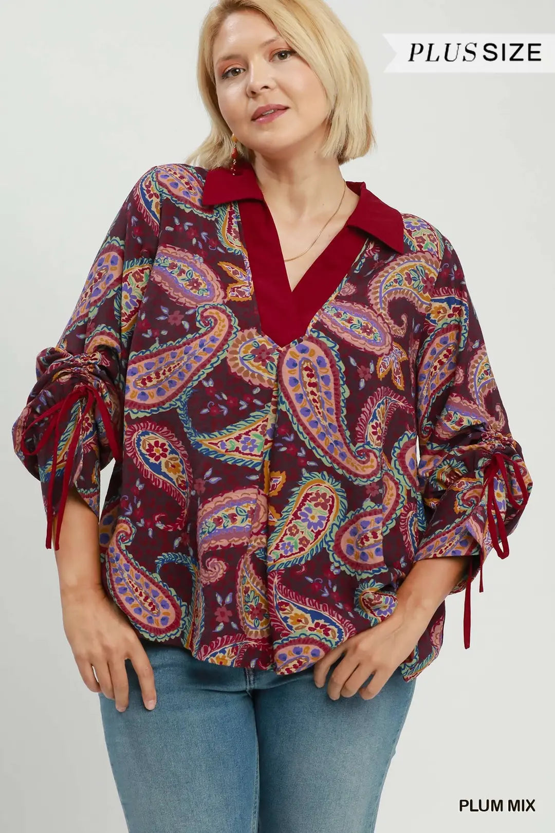 UMGEE Mixed Paisley Print Top In Plum PLUS Sizes