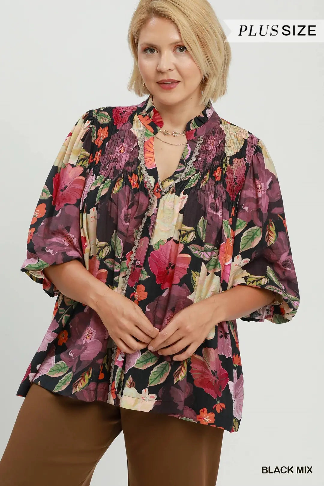 UMGEE Mixed Floral Print Button Front Top In Black PLUS Sizes