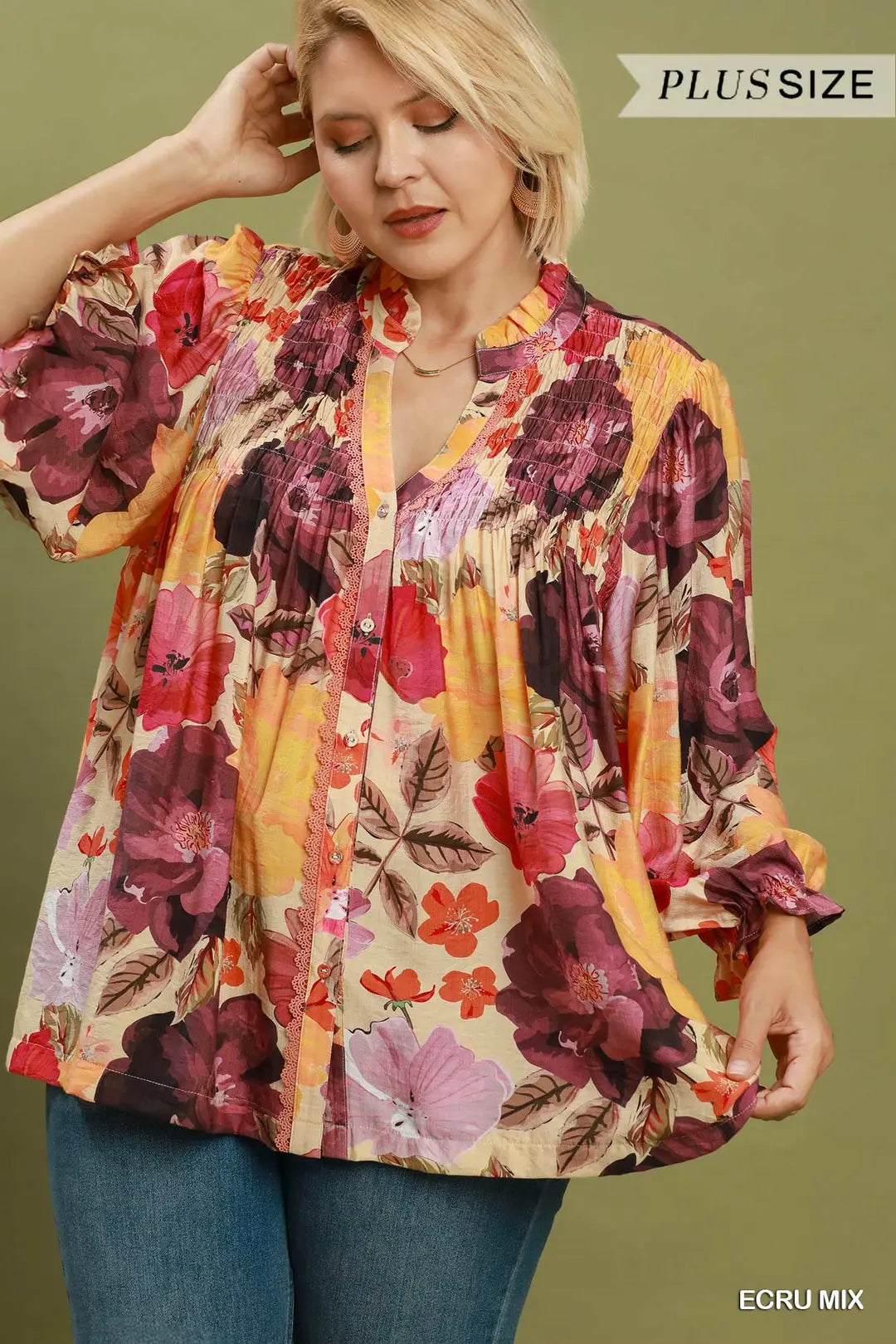 UMGEE Mixed Floral Print Button Front Top In Ecru PLUS Sizes