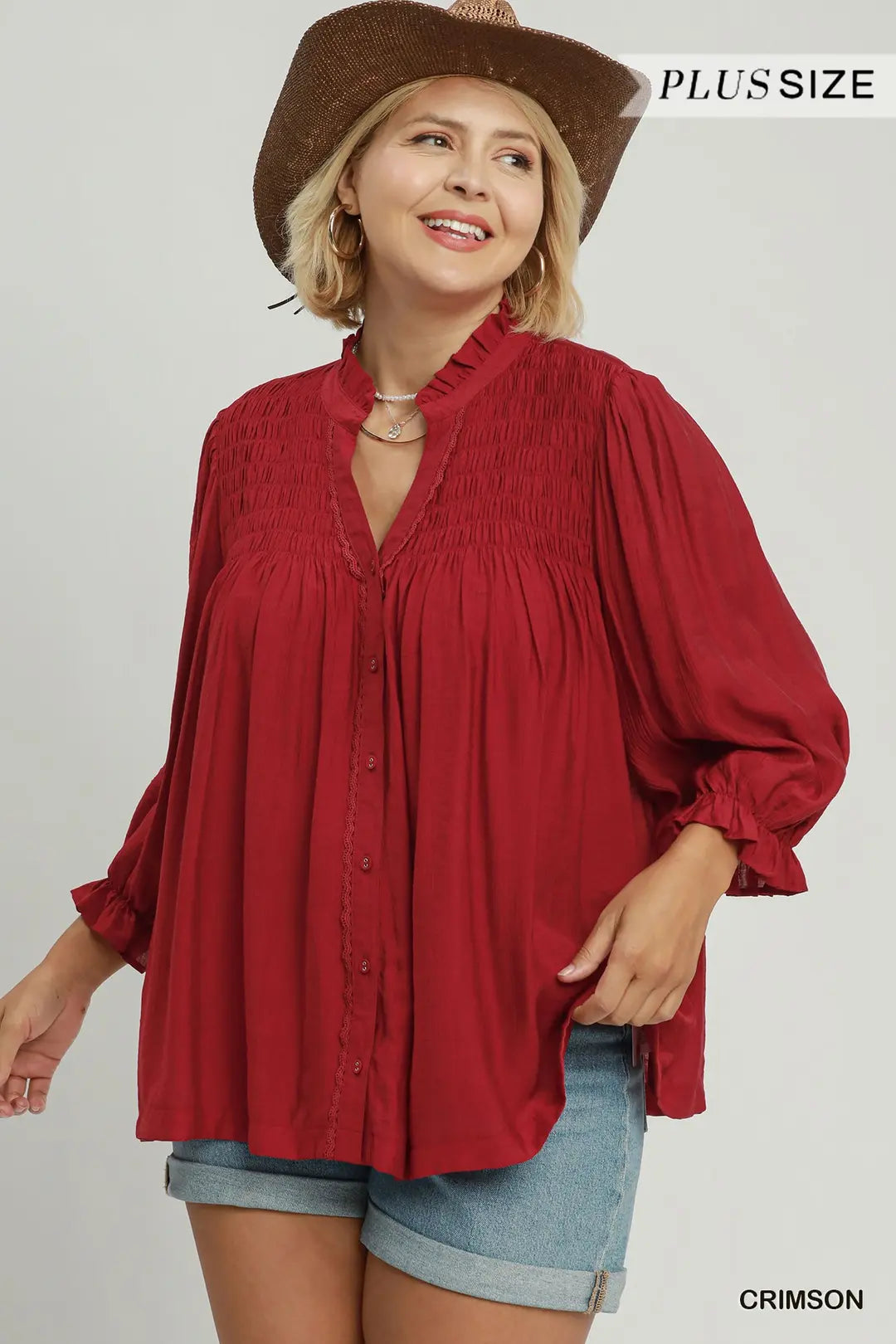 UMGEE Smocked Yoke Button Front Top In Crimson PLUS Sizes
