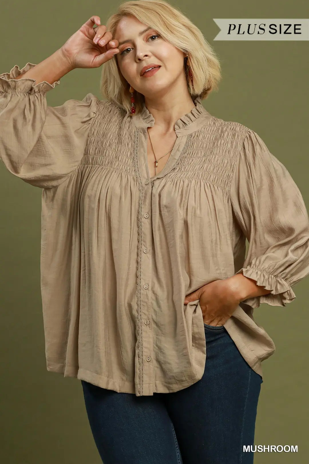 UMGEE Smocked Yoke Button Front Top In Mushroom PLUS Sizes