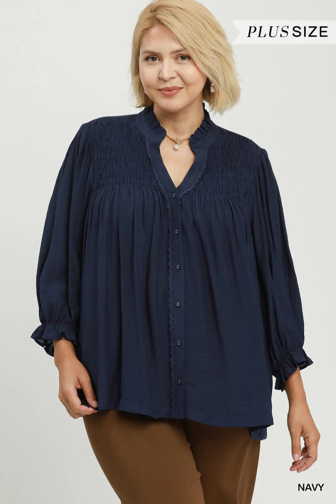 UMGEE Smocked Yoke Button Front Top In Navy PLUS Sizes