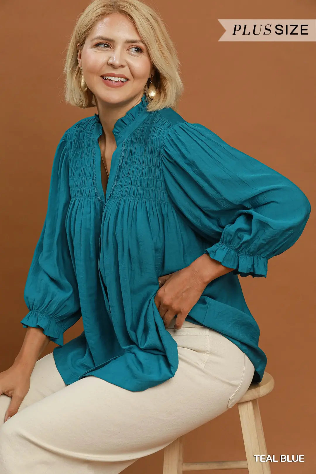 UMGEE Smocked Yoke Button Front Top In Teal PLUS Sizes