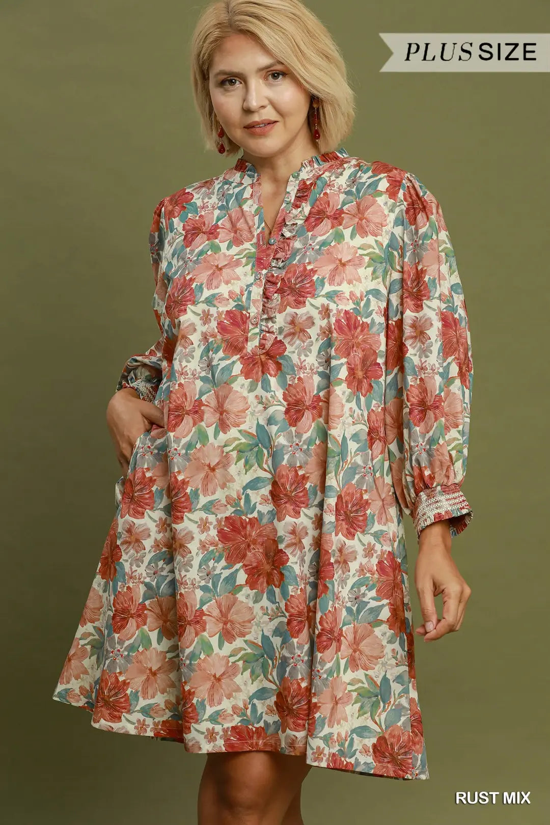 UMGEE Floral Print Smocked Cuff Mini Dress In Rust PLUS Sizes
