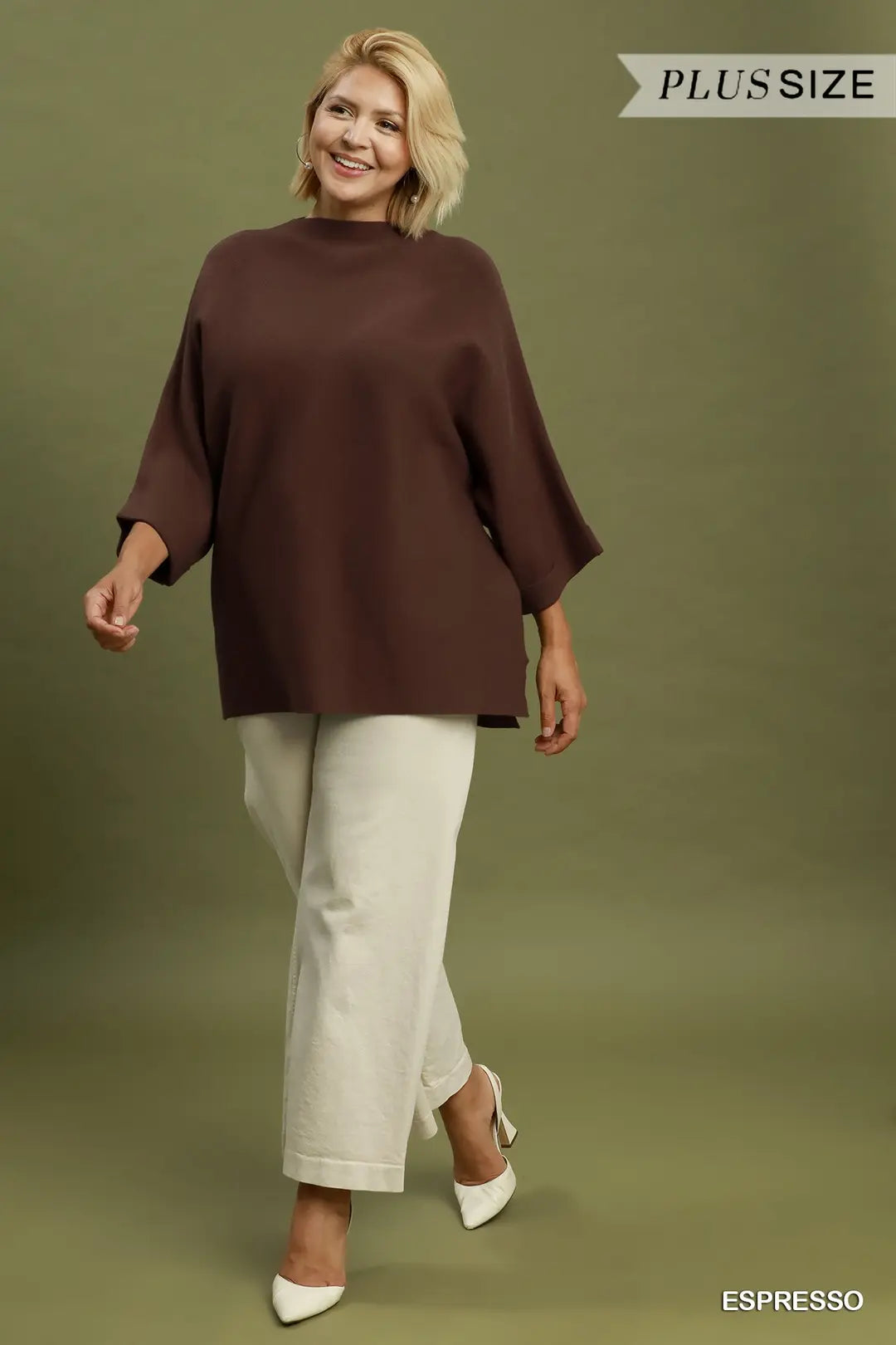 UMGEE Mock Neck Dolman Sleeve Top In Espresso PLUS Sizes