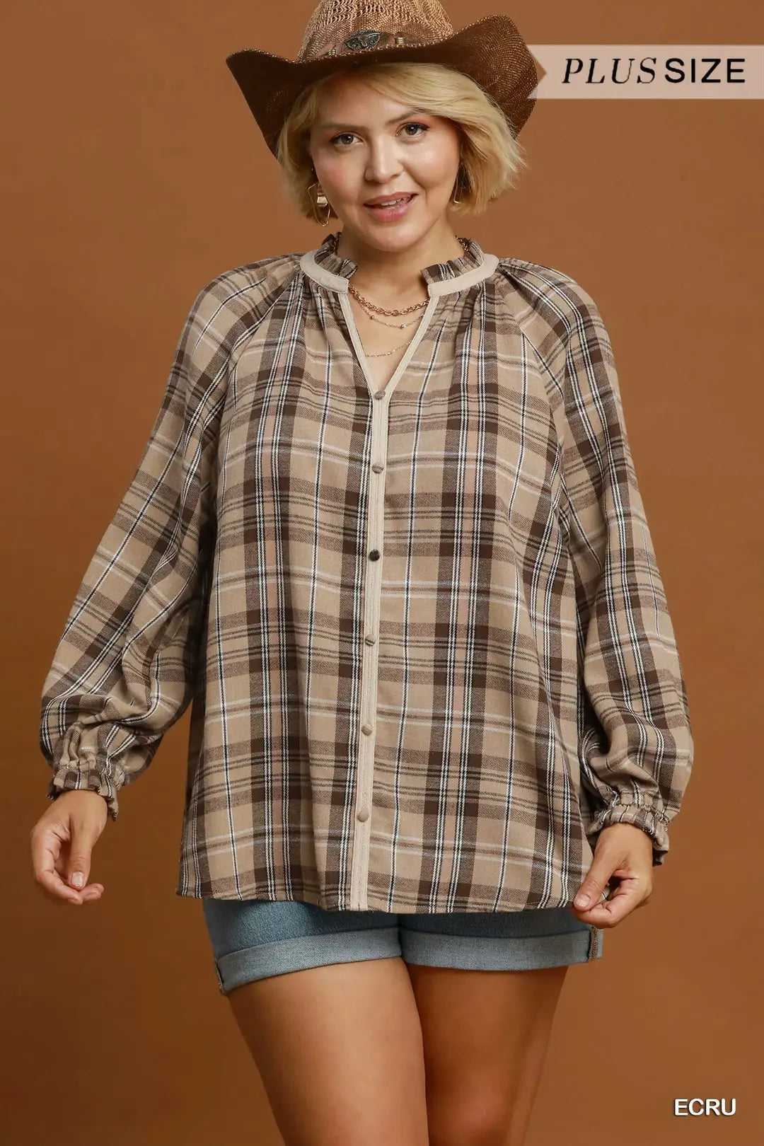 UMGEE Plaid Button Down Long Sleeve Top In Ecru PLUS Sizes