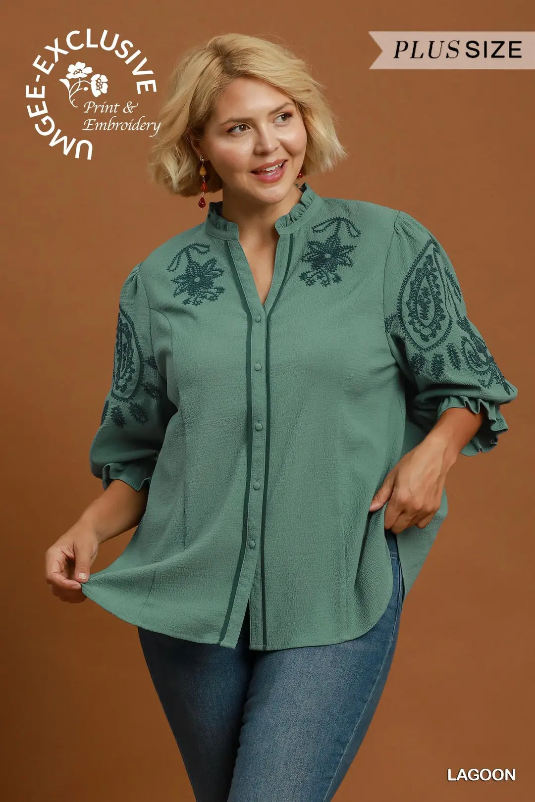 UMGEE Embroidered Ruffle Top In Lagoon PLUS Sizes