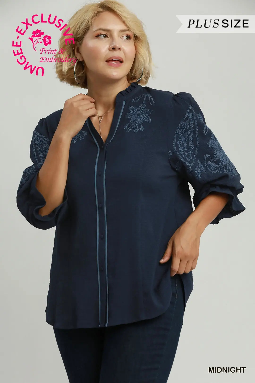 UMGEE Embroidered Ruffle Top In Midnight PLUS Sizes