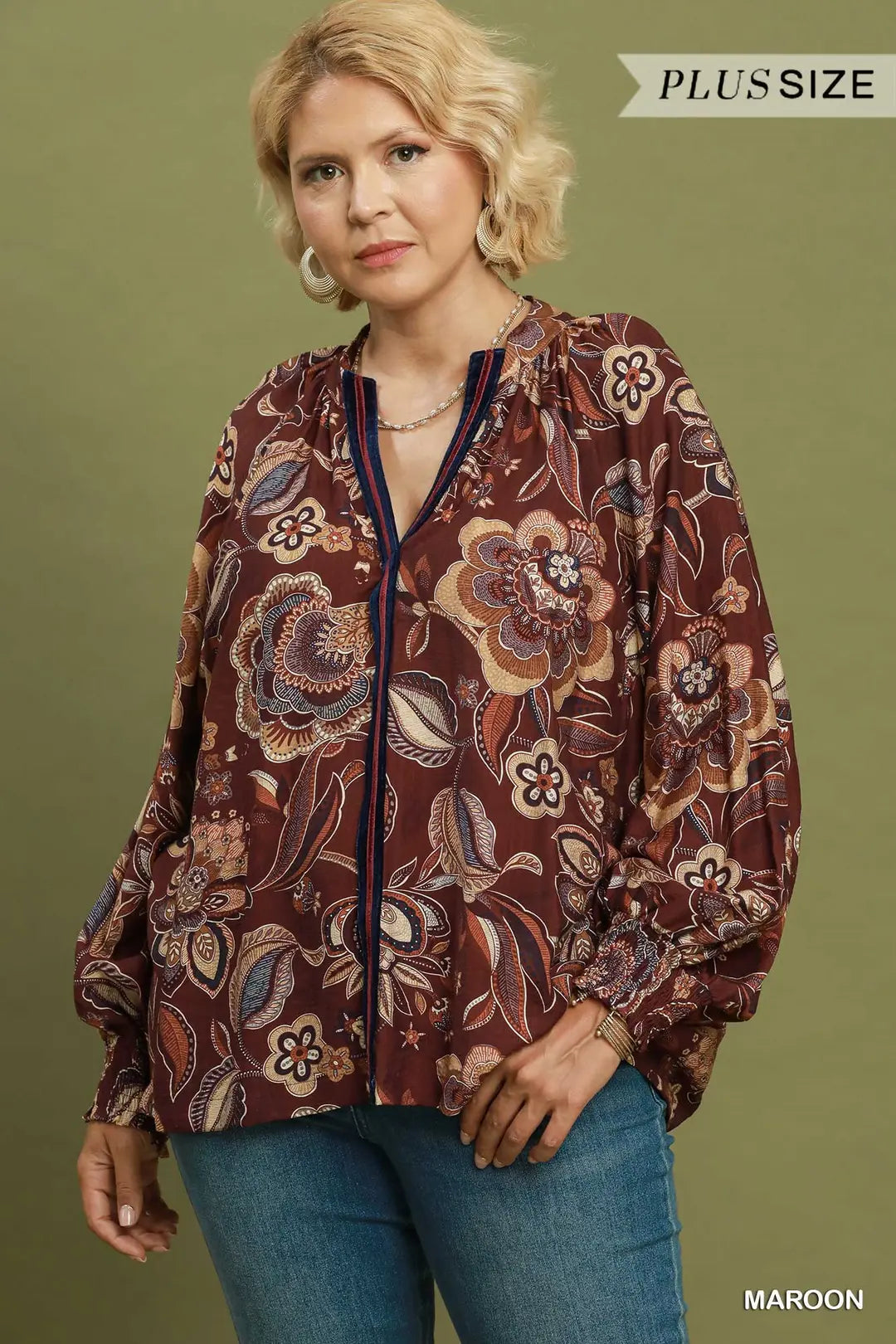 UMGEE Floral Long Sleeve Boho Top In Maroon PLUS Sizes