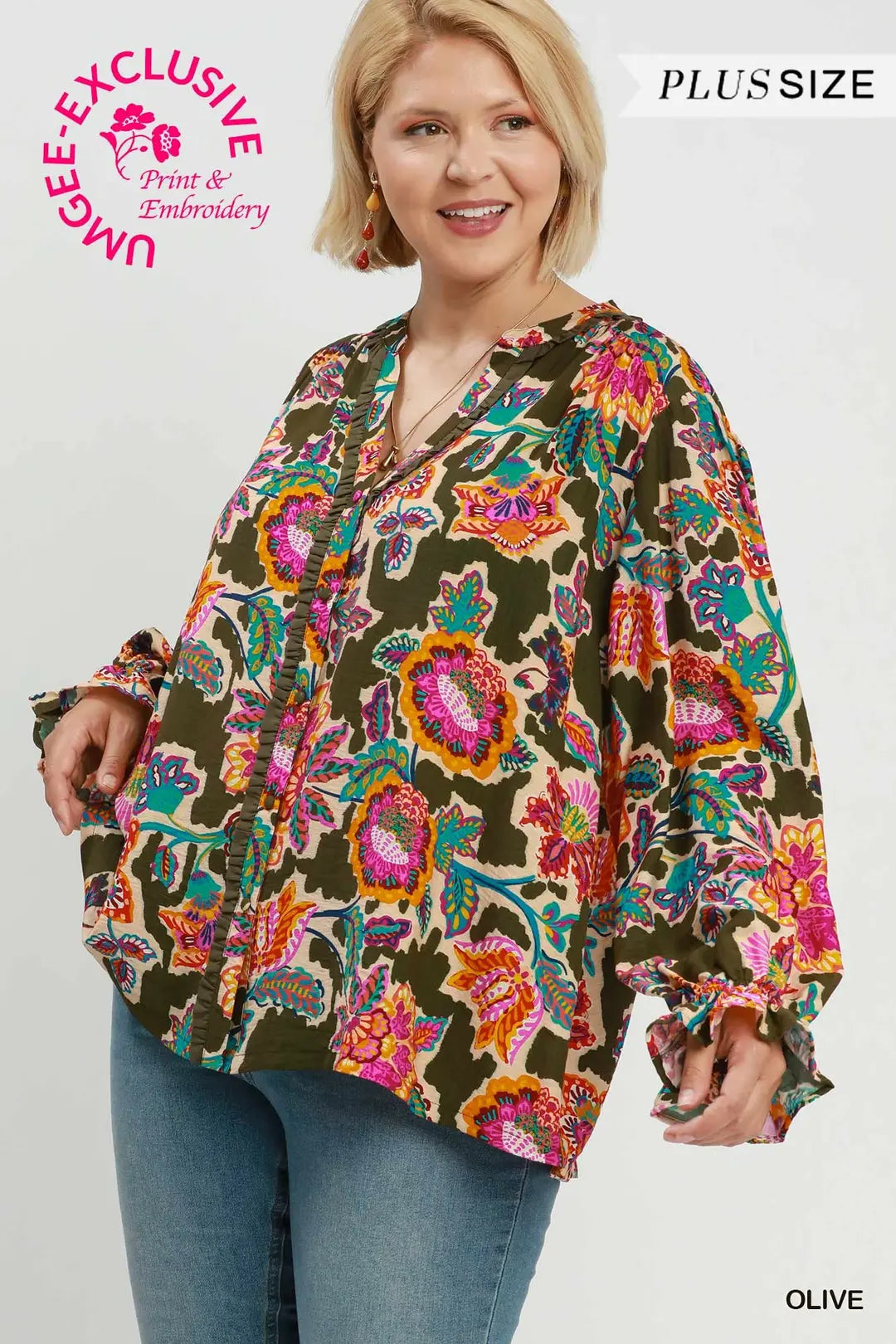 UMGEE Floral Print Button Down Top In Olive PLUS Sizes
