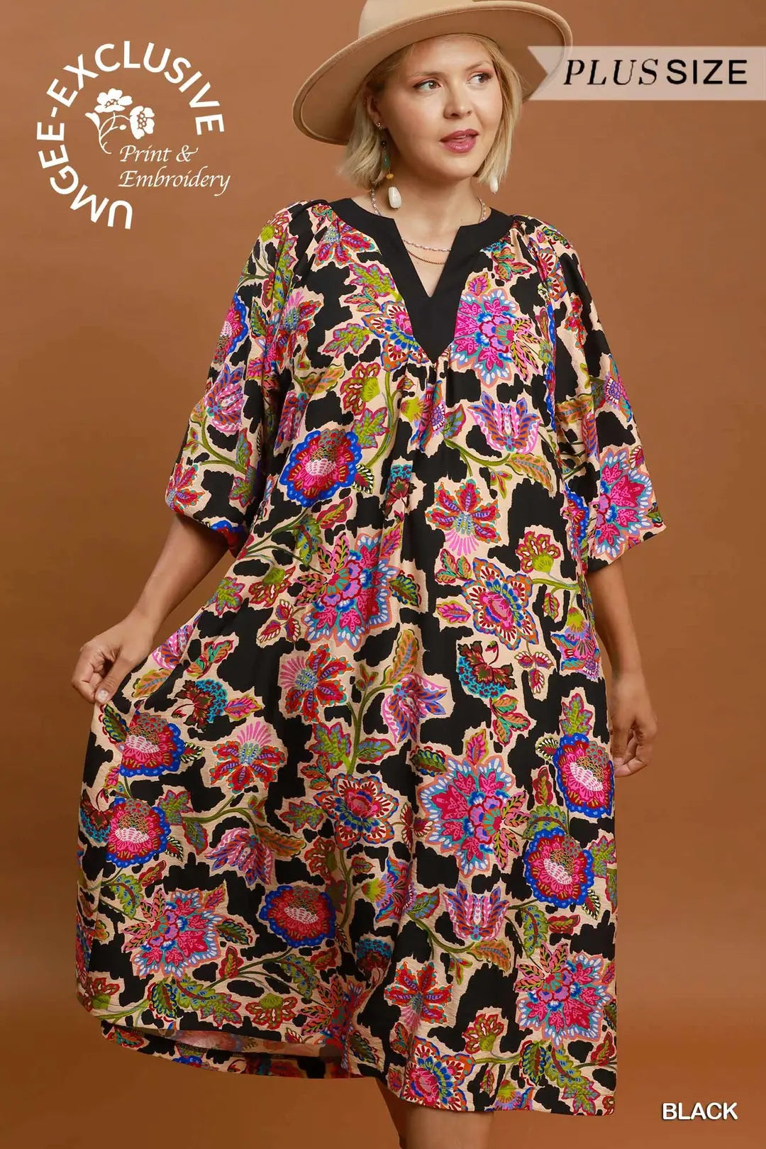 UMGEE Abstract Print Embroidered Belted Midi Dress In Black PLUS Sizes