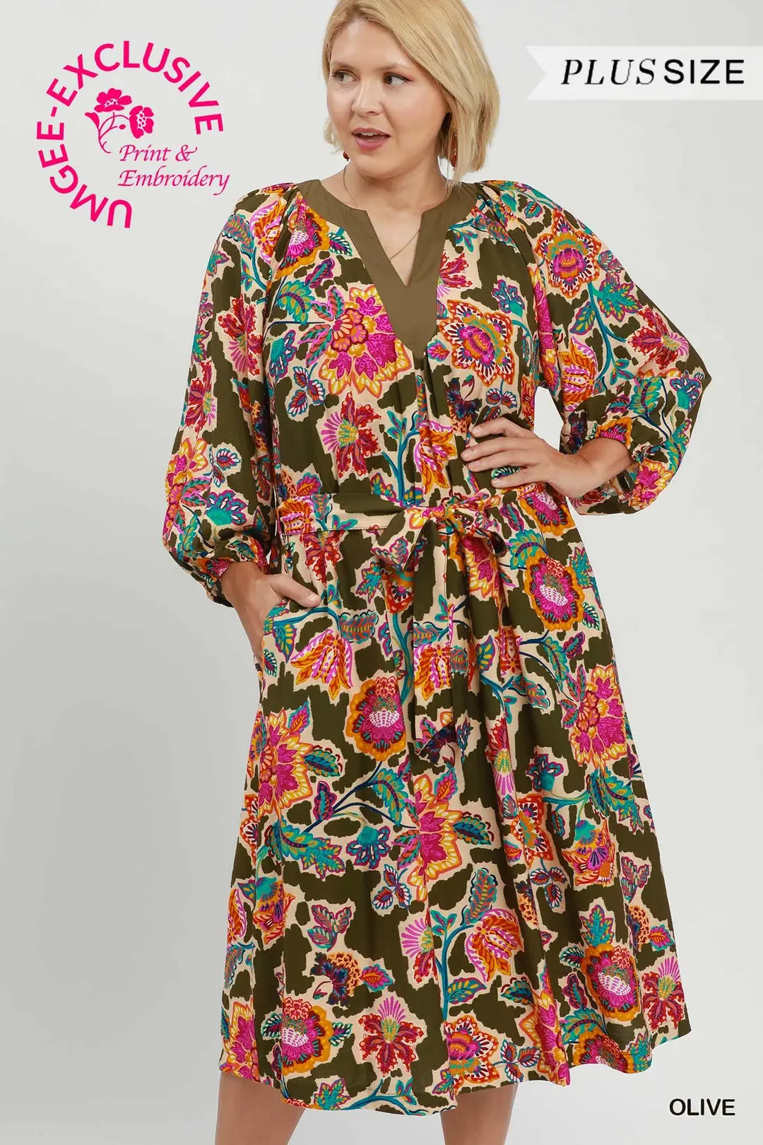 UMGEE Abstract Print Embroidered Belted Midi Dress In Olive PLUS Sizes
