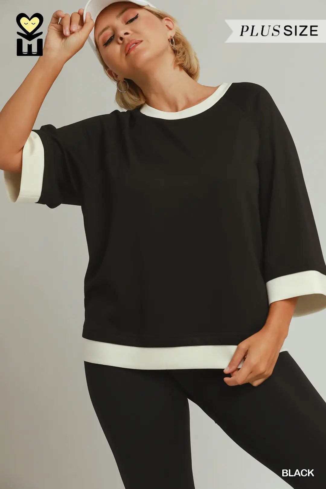 UMGEE Colorblock Crewneck Raglan Top In Black PLUS Sizes