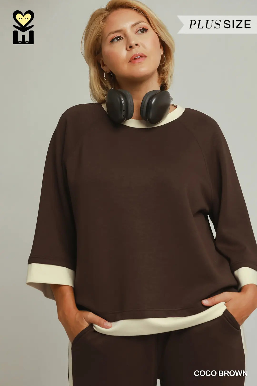 UMGEE Colorblock Crewneck Raglan Top In Coco Brown PLUS Sizes