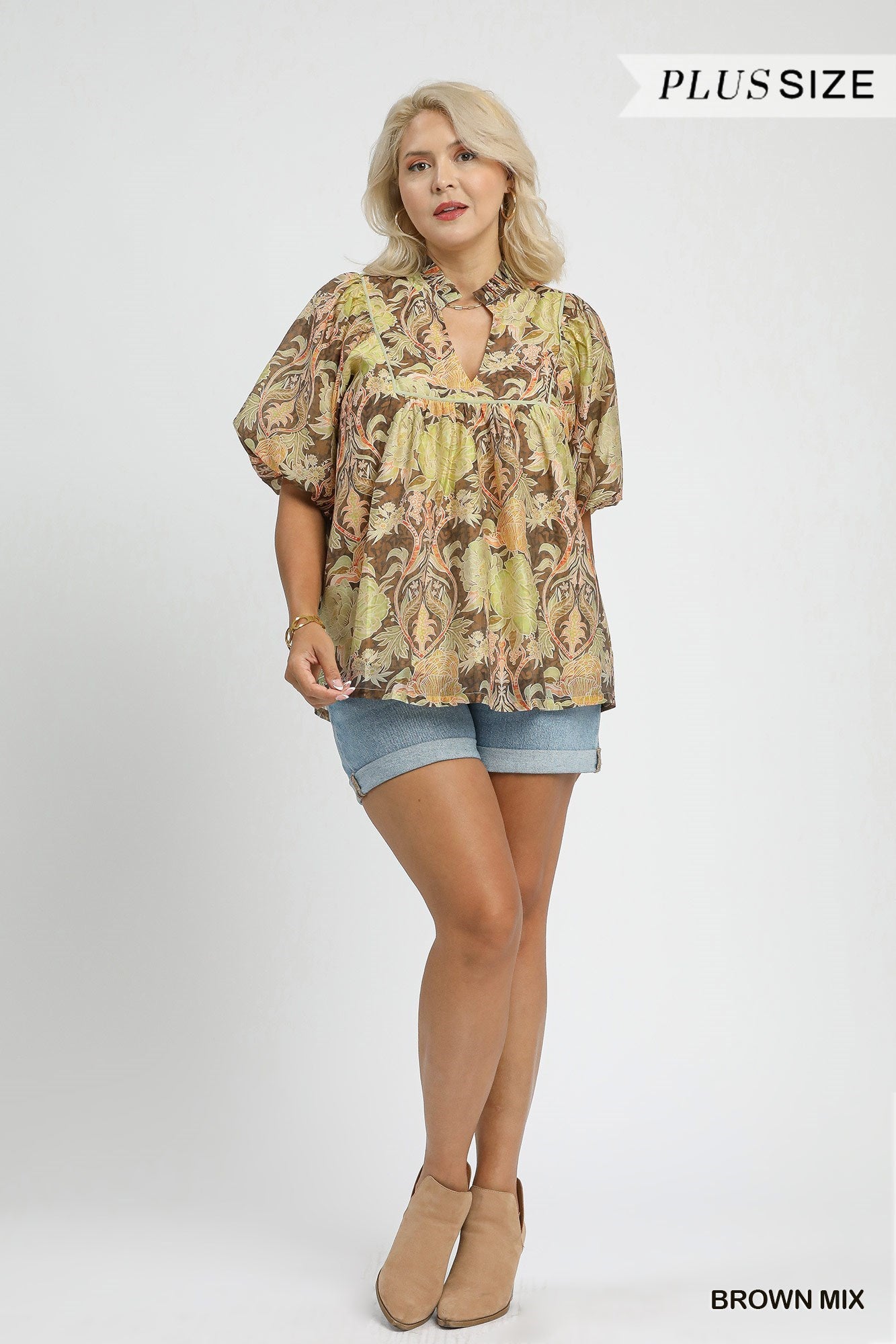 Umgee Puff Sleeve Peasant Top In Brown PLUS Sizes