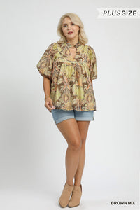 Umgee Puff Sleeve Peasant Top In Brown PLUS Sizes