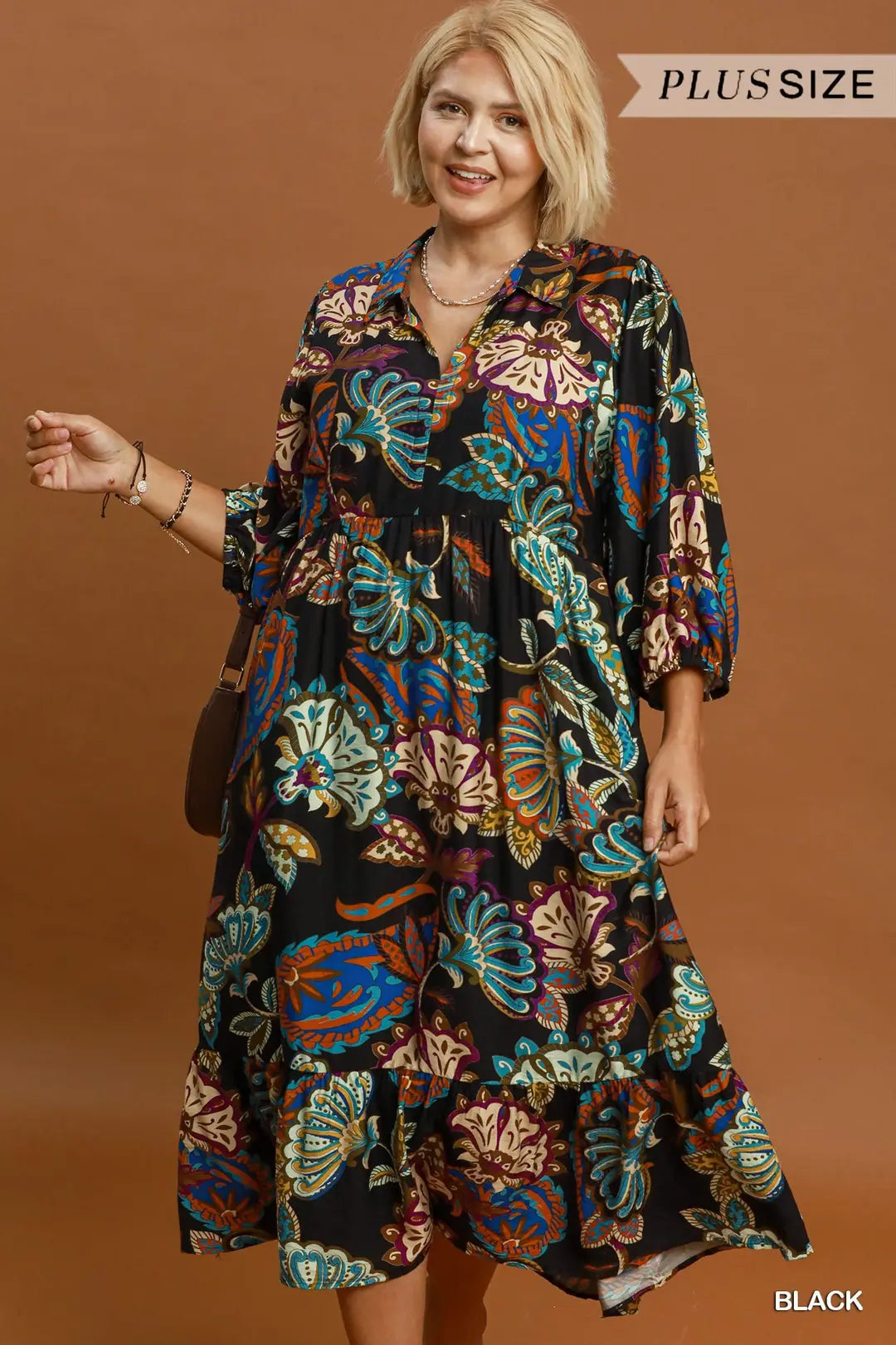 UMGEE Boho Paisley Tiered Midi Dress In Black PLUS Sizes