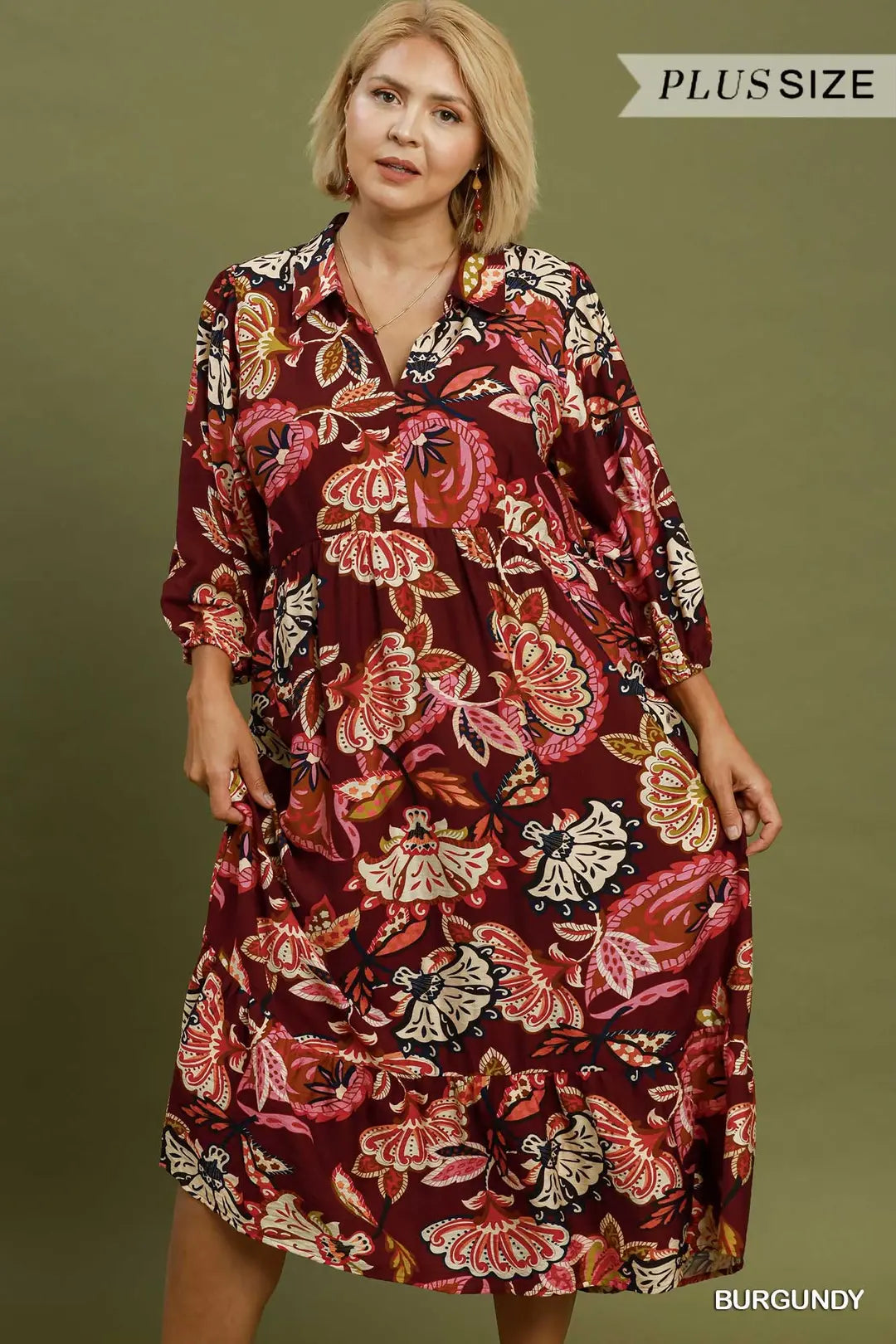UMGEE Boho Paisley Tiered Midi Dress In Burgundy PLUS Sizes