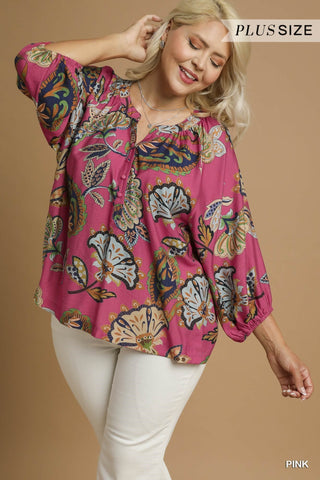 Umgee Boho Paisley Puff Sleeve Top In Pink PLUS Sizes