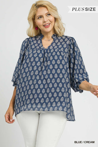 Umgee Floral Print V Slit Top In Blue & Cream PLUS Size *COMING SOON*
