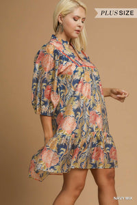 Umgee Floral Abstract Print Puff Sleeve In Navy Mix PLUS