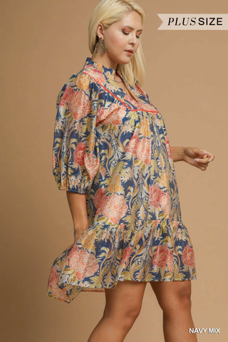Umgee Floral Abstract Print Puff Sleeve In Navy Mix PLUS