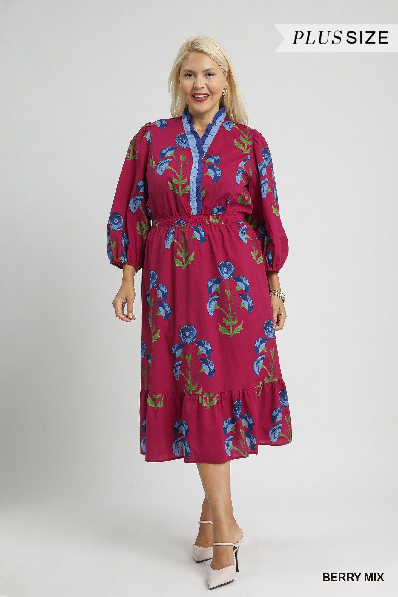 Umgee Floral Midi Dress With Ruffle Trim PLUS Sizes In Berry *COMING SOON*