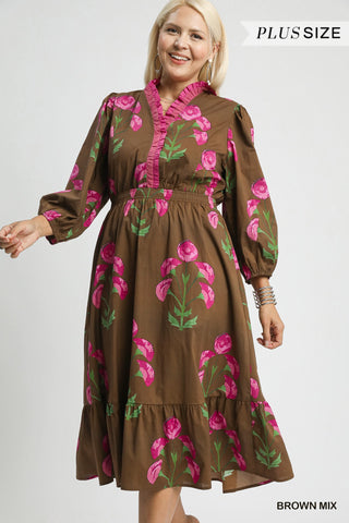 Umgee Floral Midi Dress With Ruffle Trim & Elastic Waist In Brown Mix PLUS Sizes