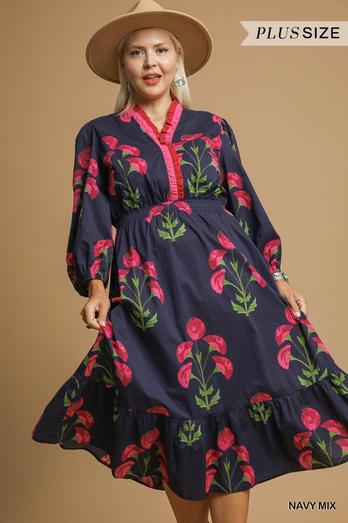 Umgee Floral Midi Dress With Ruffle Trim PLUS Sizes In Navy *COMING SOON*