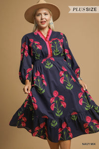 Umgee Floral Midi Dress With Ruffle Trim PLUS Sizes In Navy *COMING SOON*