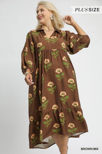 UMGEE Floral Maxi With Bubble Sleeves In Brown PLUS Sizes *COMING SOON*