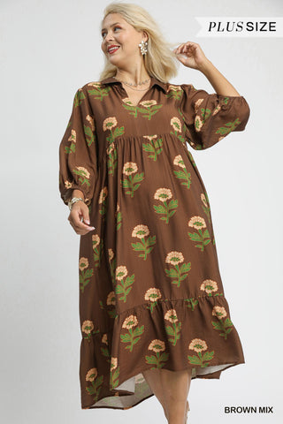 UMGEE Floral Maxi With Bubble Sleeves In Brown PLUS Sizes *COMING SOON*