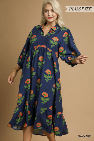 UMGEE Floral Maxi With Bubble Sleeves In Navy PLUS Sizes *COMING SOON*
