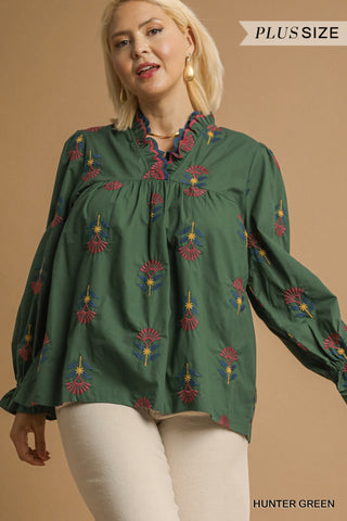 Umgee Embroidered Ruffle Neck Top In Hunter Green PLUS Sizes *COMING SOON*