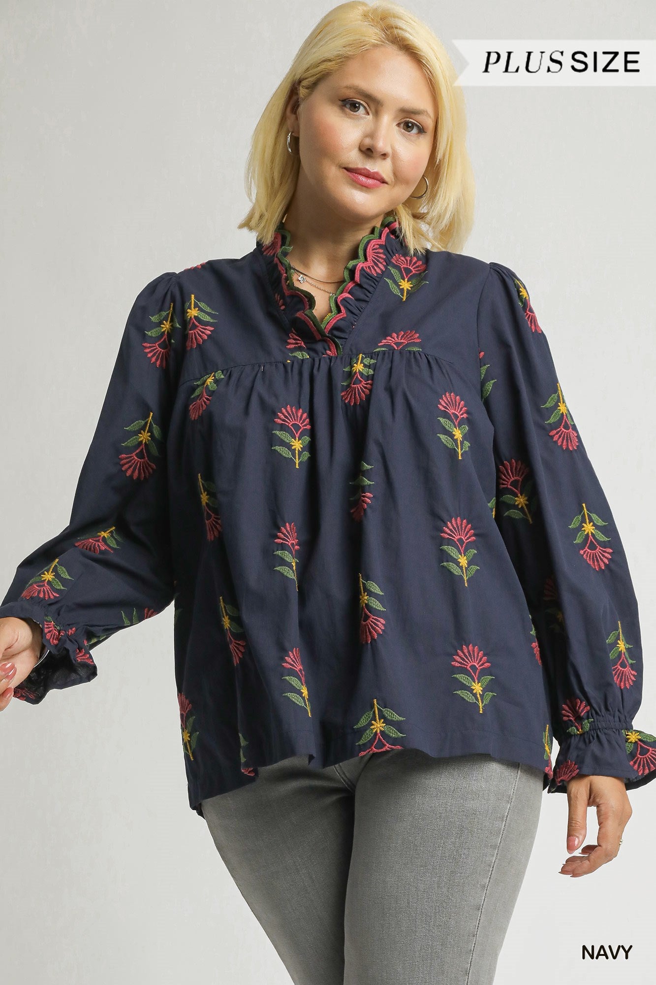 Umgee Embroidered Ruffle Neck Top In Navy PLUS Sizes *COMING SOON*