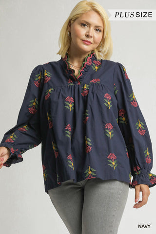 Umgee Embroidered Ruffle Neck Top In Navy PLUS Sizes *COMING SOON*