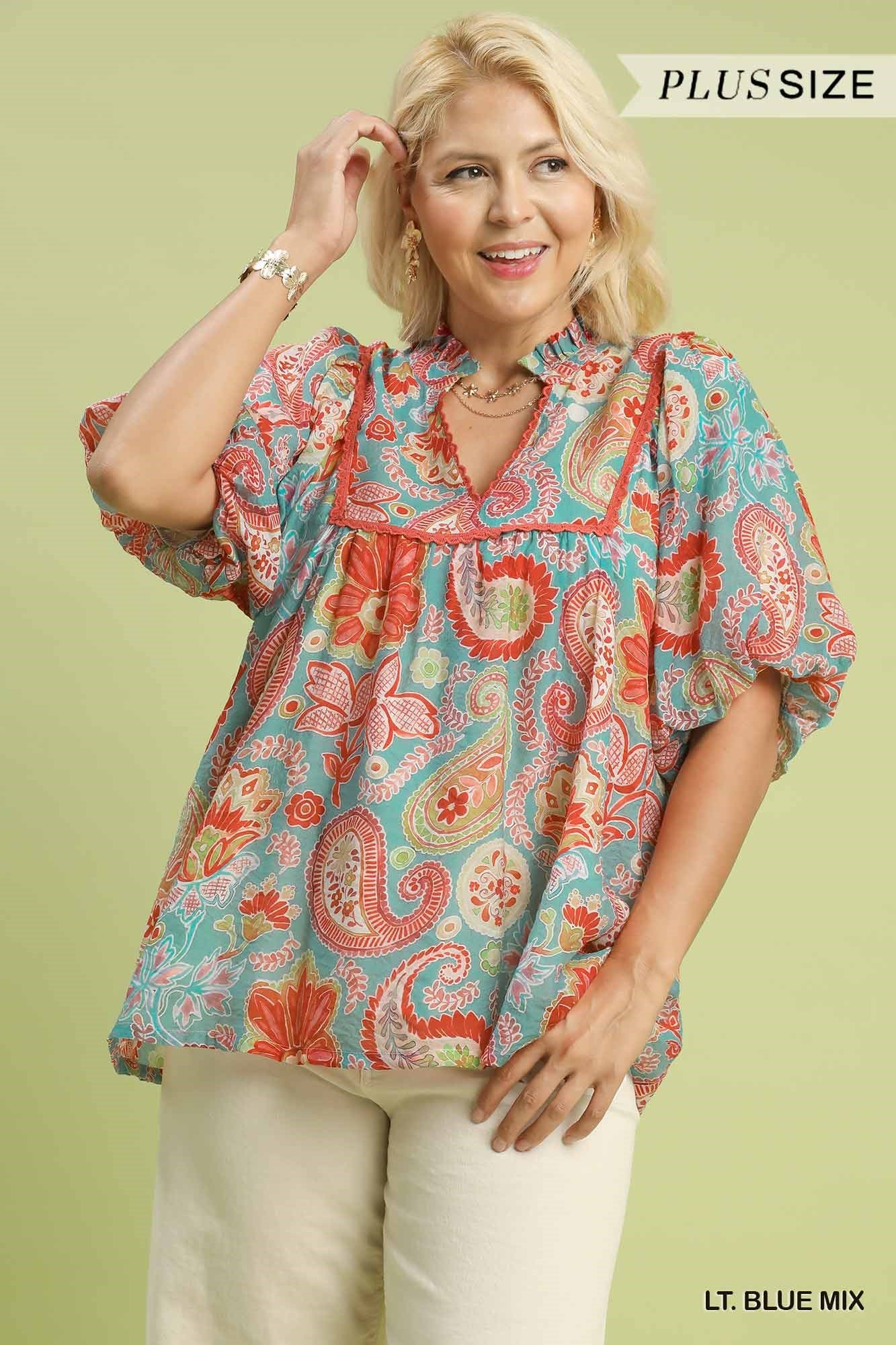 Umgee Paisley Print Puss Sleeve Top In Light Blue PLUS Sizes *COMING SOON*